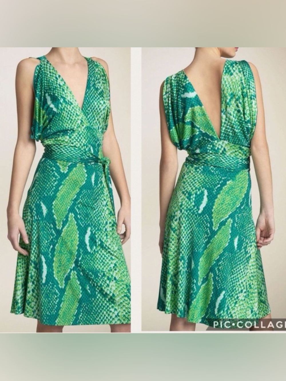 Diane Von Furstenberg Chic 100% Silk Jersey Green Snake-Print Wrap Dress
